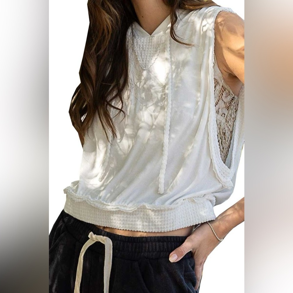 Anthropologie ~ POL Hooded Sleeveless Shirt - Off White‎ NWT Medium